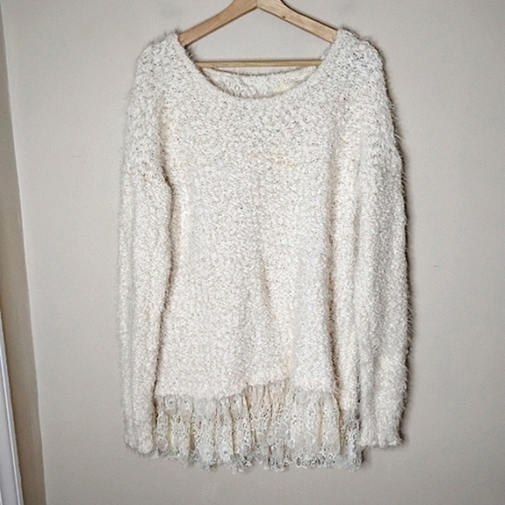 Areve Anthropologie Eyelash Knit Longline Sweater Back Bow Size XL NWT - Picture 2 of 12